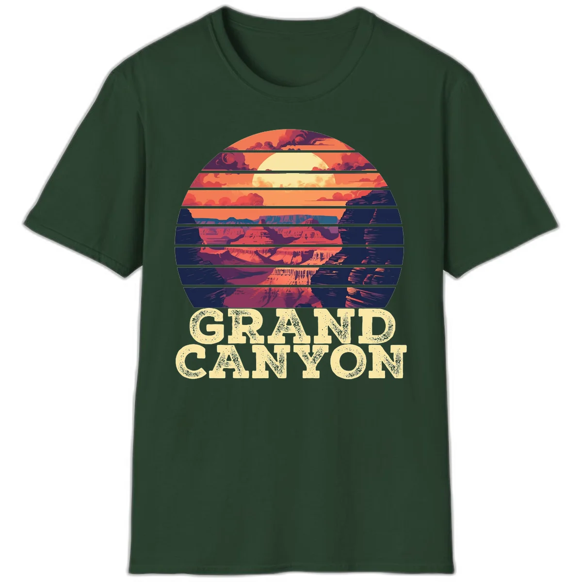 Grand Canyon sunset landscape in horizontal stripes with warm orange and red tones fading to dark blue, featuring distressed GRAND CANYON text in Forest Green