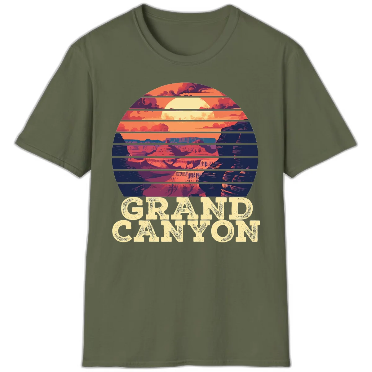 Grand Canyon sunset landscape in horizontal stripes with warm orange and red tones fading to dark blue, featuring distressed GRAND CANYON text in Military Green