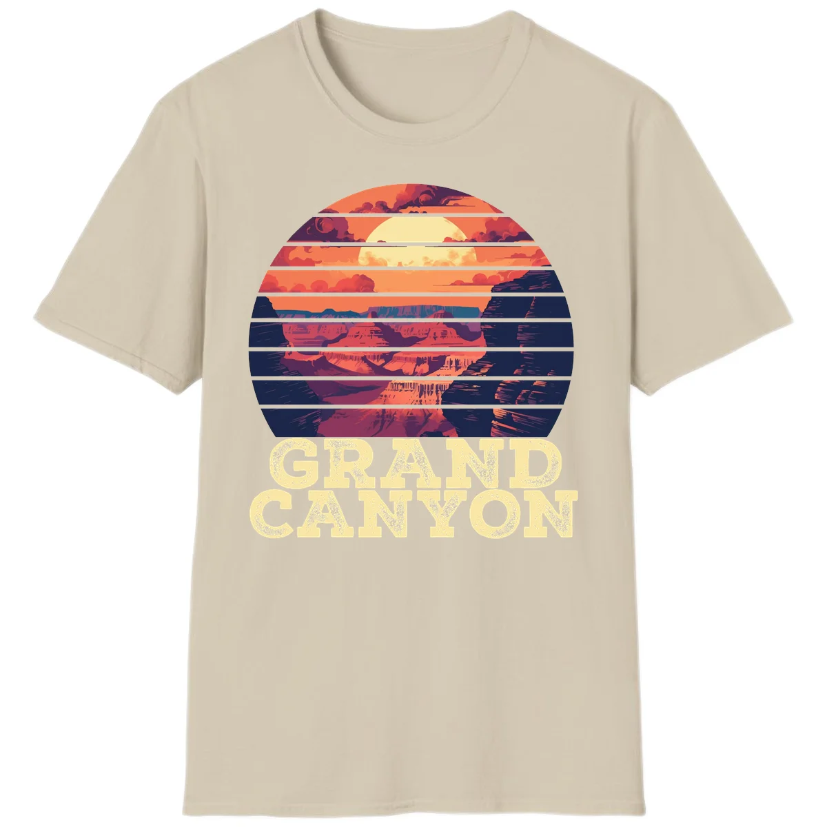 Grand Canyon sunset landscape in horizontal stripes with warm orange and red tones fading to dark blue, featuring distressed GRAND CANYON text in Sand