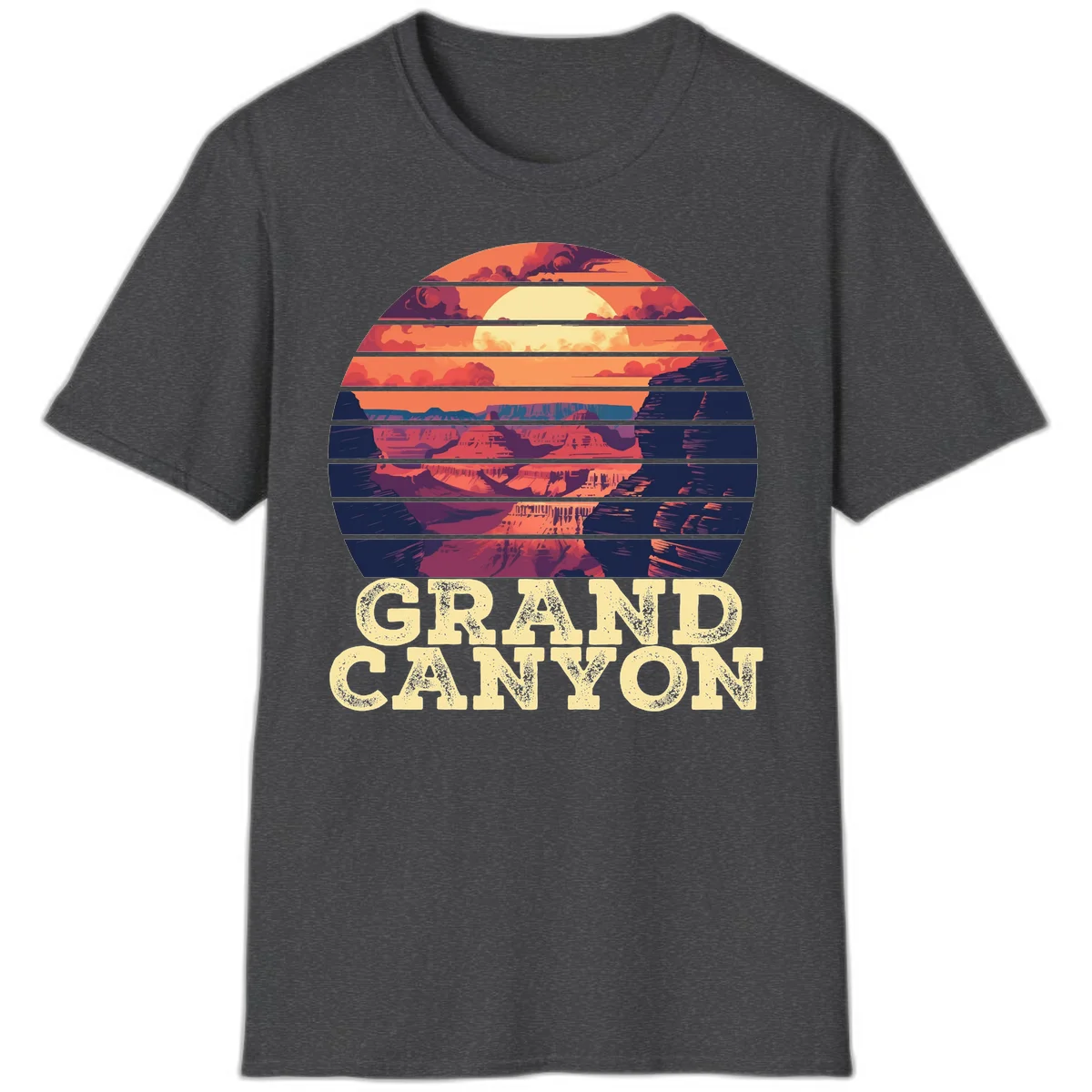 Grand Canyon sunset landscape in horizontal stripes with warm orange and red tones fading to dark blue, featuring distressed GRAND CANYON text in Dark Heather