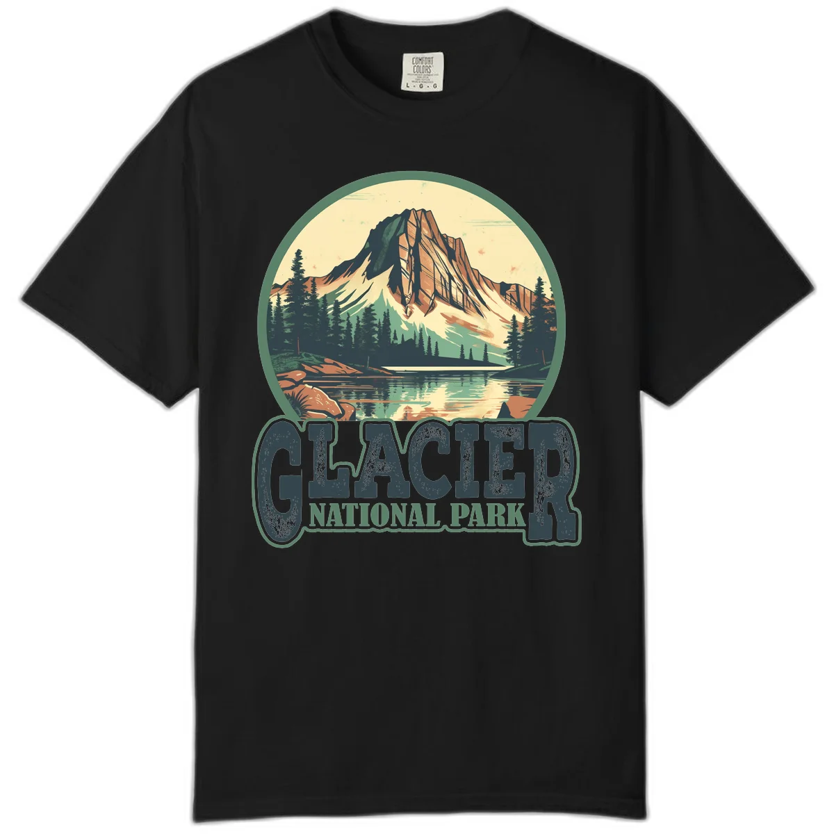 Vintage illustration of Glacier National Park mountain reflecting in alpine lake, surrounded by evergreen forest and rocky shore in circular badge design in Black