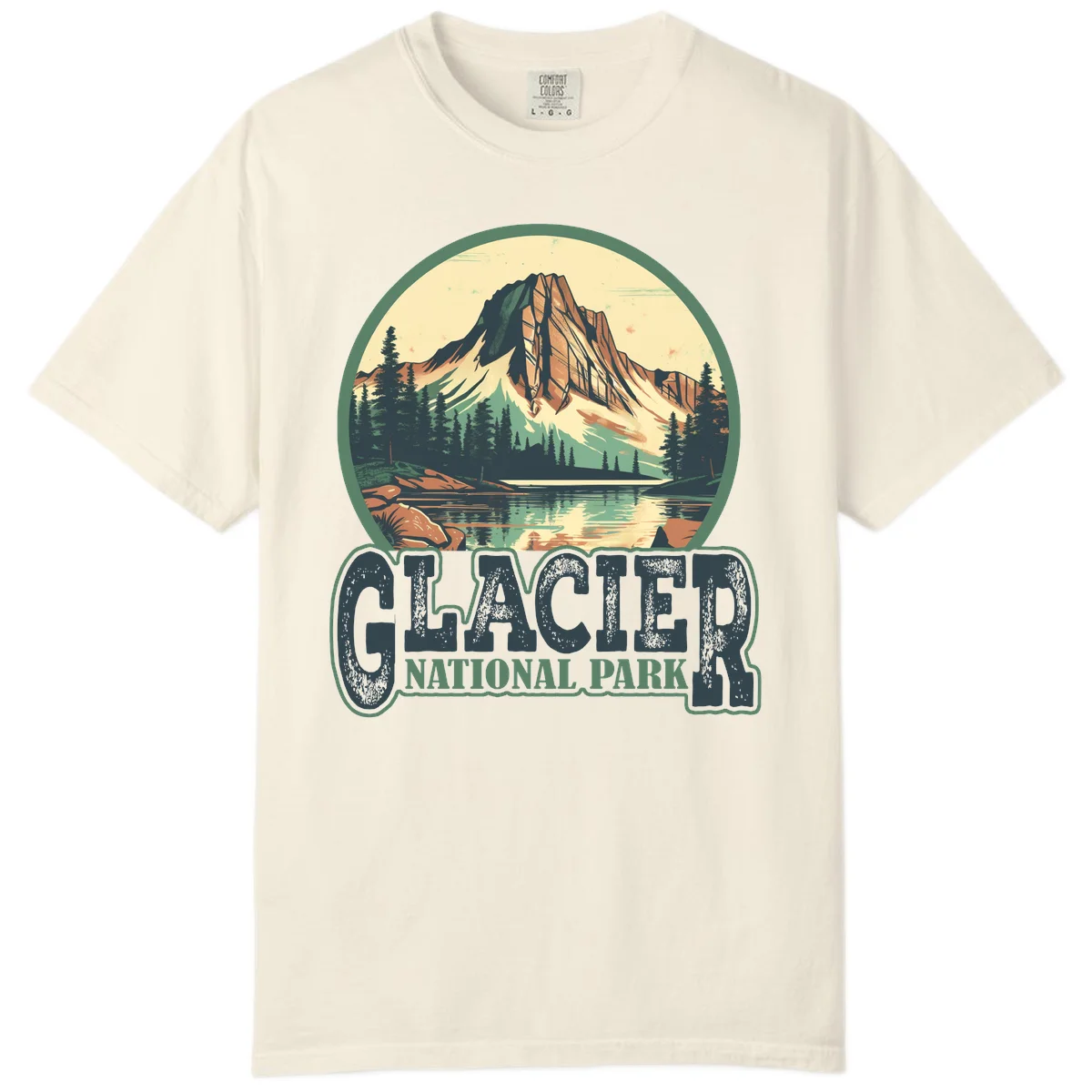 Vintage illustration of Glacier National Park mountain reflecting in alpine lake, surrounded by evergreen forest and rocky shore in circular badge design in Ivory