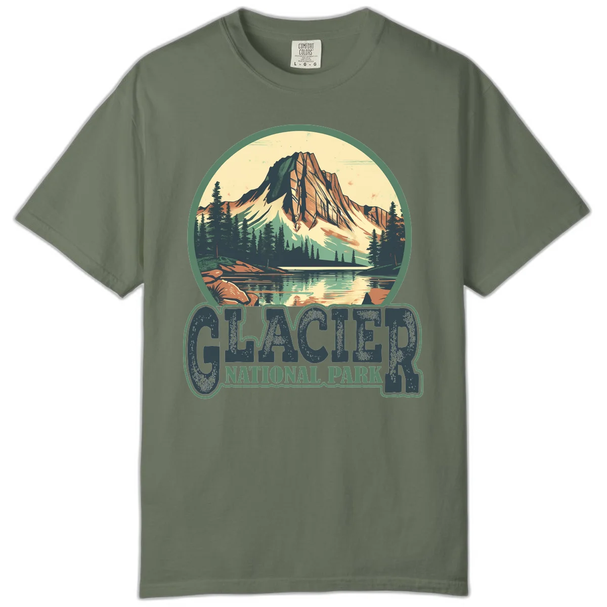 Vintage illustration of Glacier National Park mountain reflecting in alpine lake, surrounded by evergreen forest and rocky shore in circular badge design in Moss