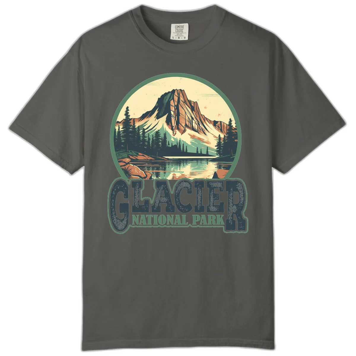 Vintage illustration of Glacier National Park mountain reflecting in alpine lake, surrounded by evergreen forest and rocky shore in circular badge design in Pepper