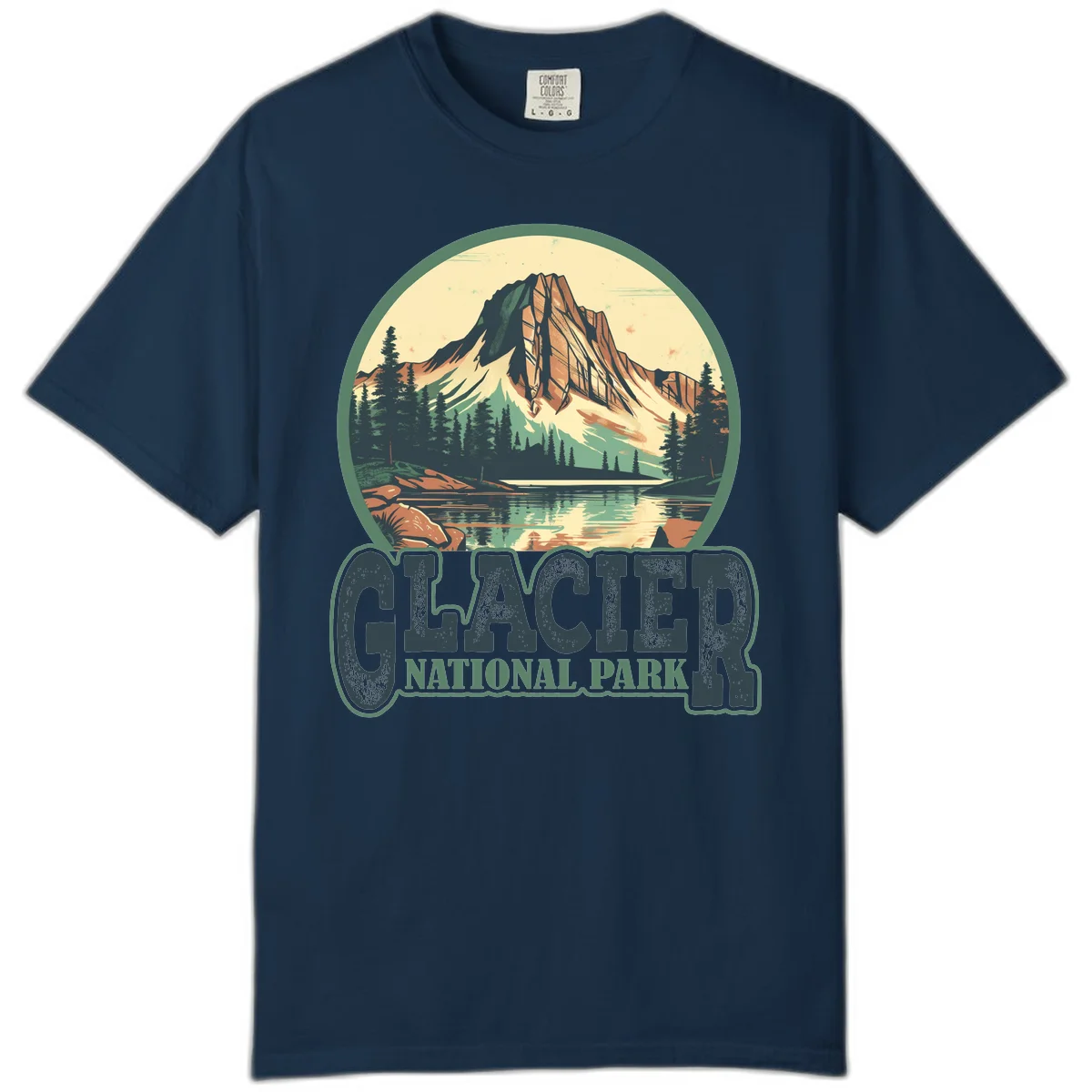 Vintage illustration of Glacier National Park mountain reflecting in alpine lake, surrounded by evergreen forest and rocky shore in circular badge design in True Navy