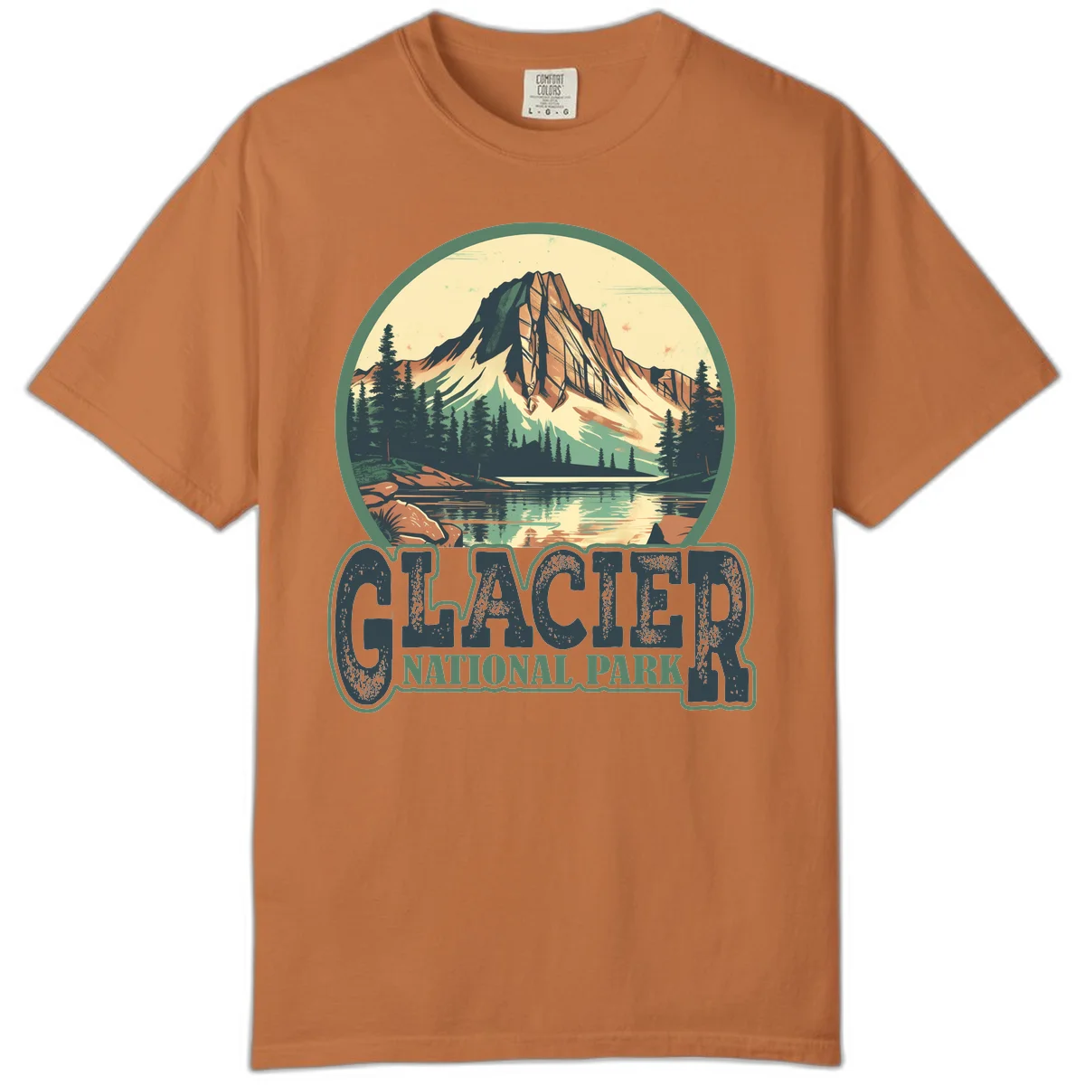 Vintage illustration of Glacier National Park mountain reflecting in alpine lake, surrounded by evergreen forest and rocky shore in circular badge design in Yam