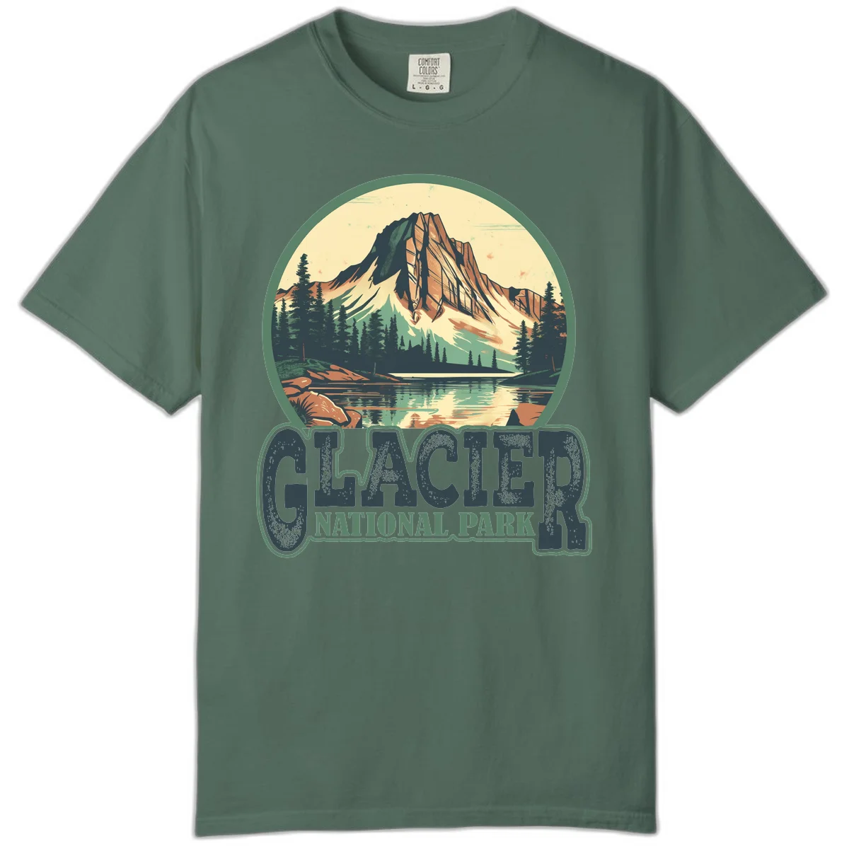 Vintage illustration of Glacier National Park mountain reflecting in alpine lake, surrounded by evergreen forest and rocky shore in circular badge design in Blue Spruce