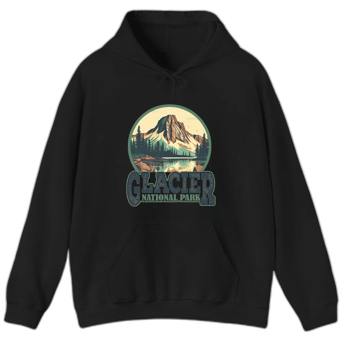 Vintage illustration of Glacier National Park mountain reflecting in alpine lake, surrounded by evergreen forest and rocky shore in circular badge design in Black