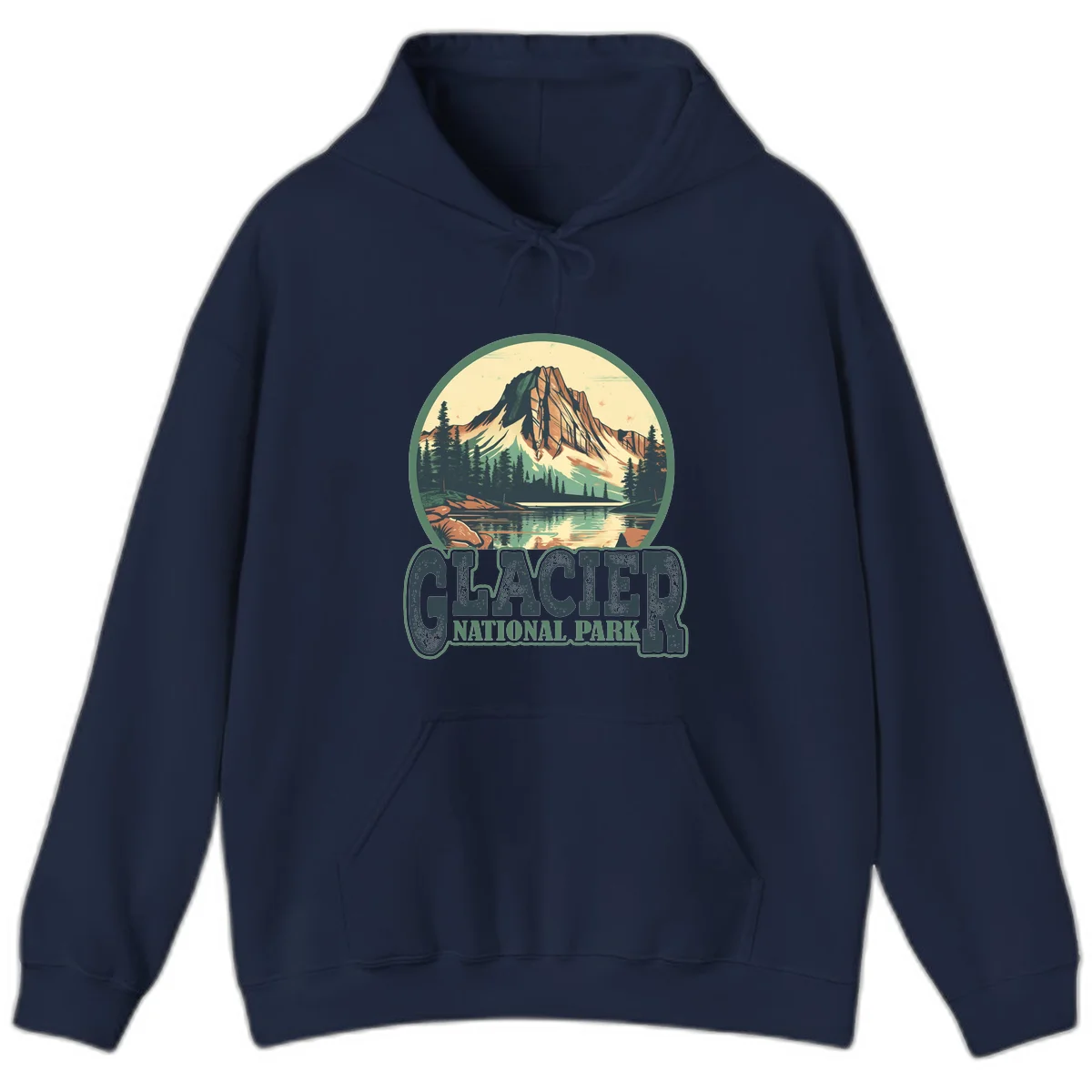 Vintage illustration of Glacier National Park mountain reflecting in alpine lake, surrounded by evergreen forest and rocky shore in circular badge design in Navy