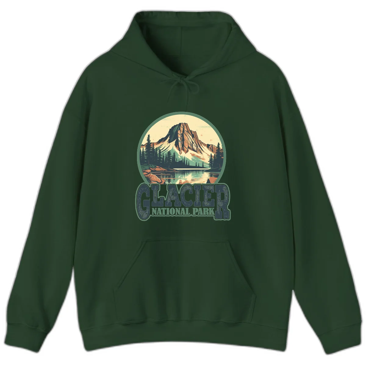 Vintage illustration of Glacier National Park mountain reflecting in alpine lake, surrounded by evergreen forest and rocky shore in circular badge design in Forest Green