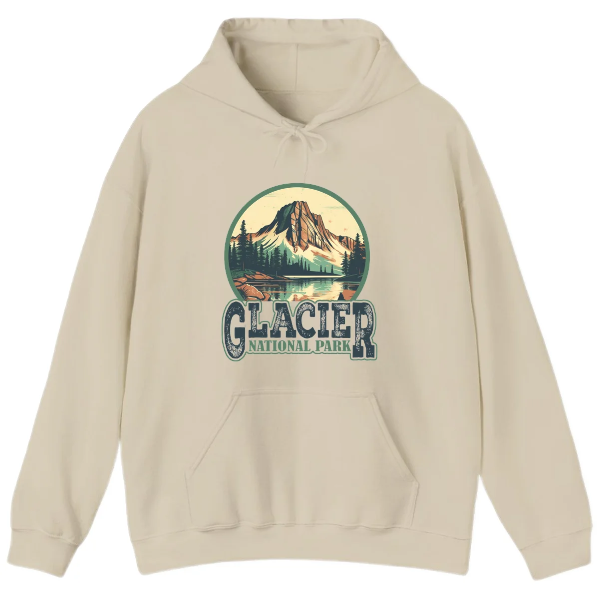 Vintage illustration of Glacier National Park mountain reflecting in alpine lake, surrounded by evergreen forest and rocky shore in circular badge design in Sand