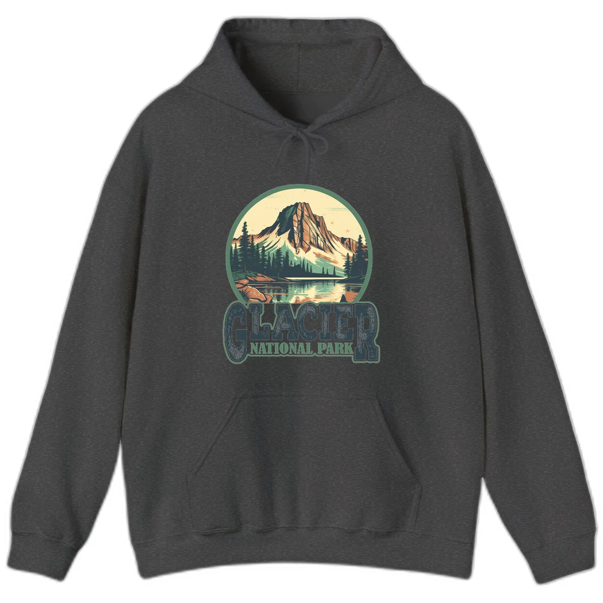 Vintage illustration of Glacier National Park mountain reflecting in alpine lake, surrounded by evergreen forest and rocky shore in circular badge design in Dark Heather