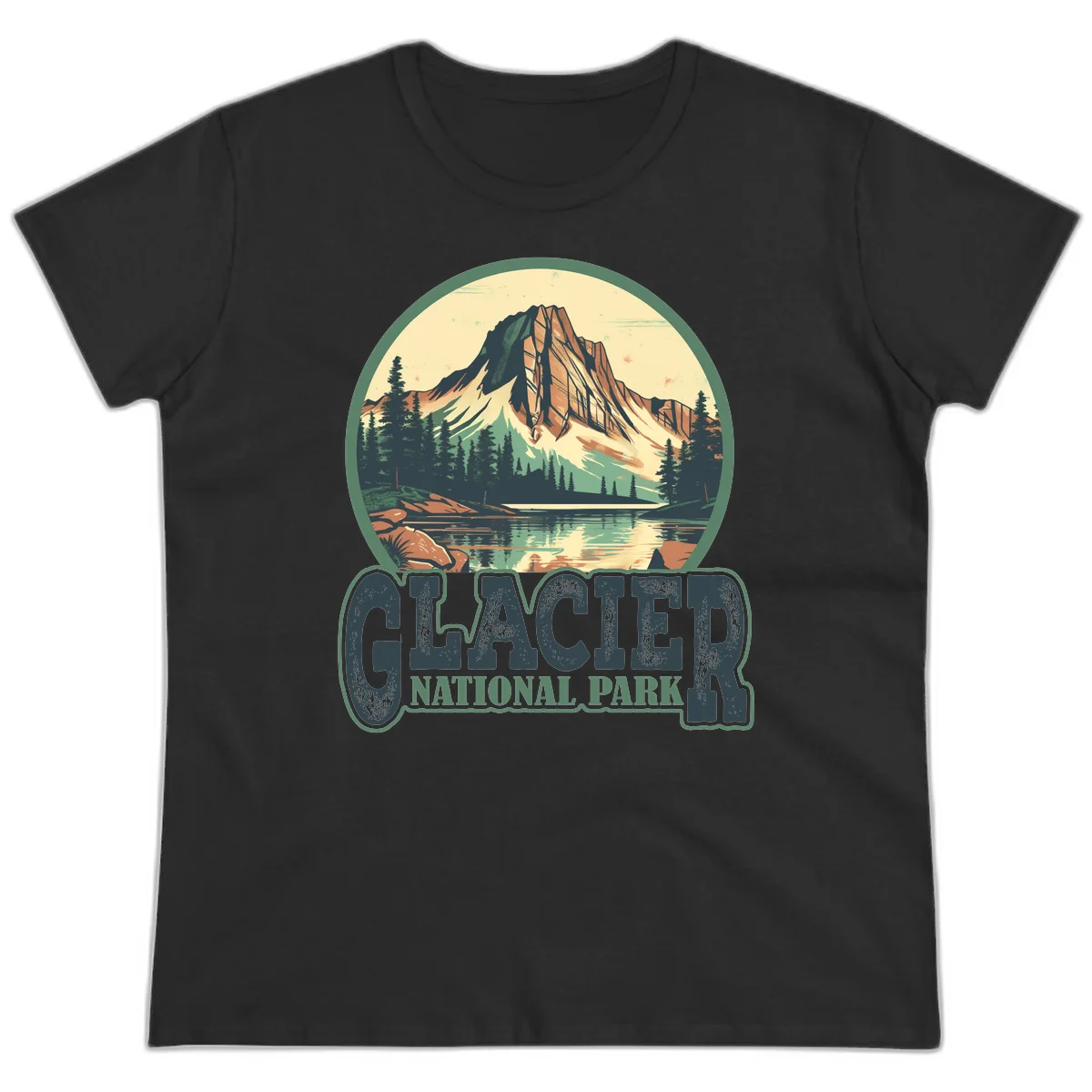 Vintage illustration of Glacier National Park mountain reflecting in alpine lake, surrounded by evergreen forest and rocky shore in circular badge design in Black