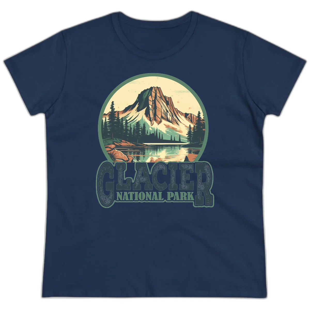 Vintage illustration of Glacier National Park mountain reflecting in alpine lake, surrounded by evergreen forest and rocky shore in circular badge design in Navy