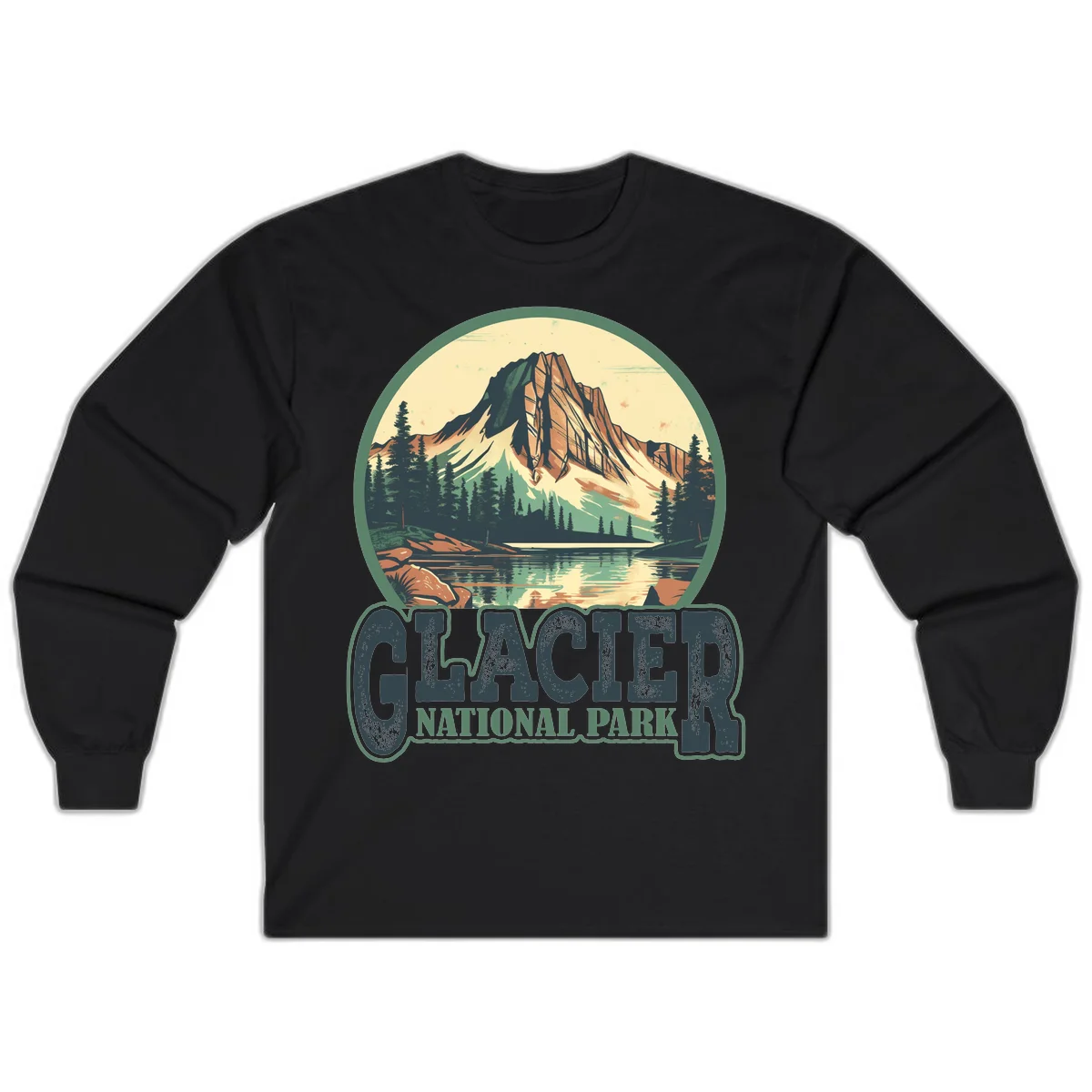 Vintage illustration of Glacier National Park mountain reflecting in alpine lake, surrounded by evergreen forest and rocky shore in circular badge design in Black