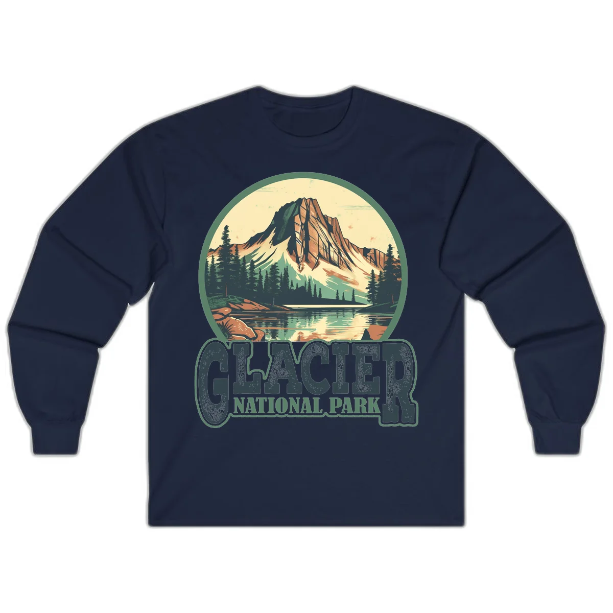 Vintage illustration of Glacier National Park mountain reflecting in alpine lake, surrounded by evergreen forest and rocky shore in circular badge design in Navy