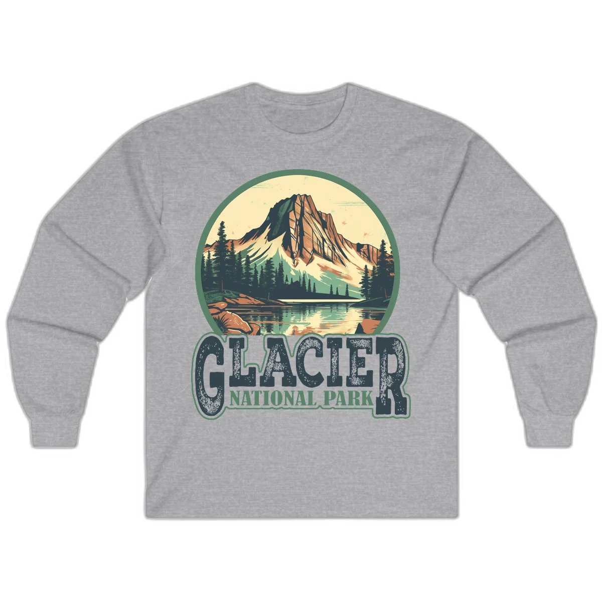 Vintage illustration of Glacier National Park mountain reflecting in alpine lake, surrounded by evergreen forest and rocky shore in circular badge design in Sport Grey