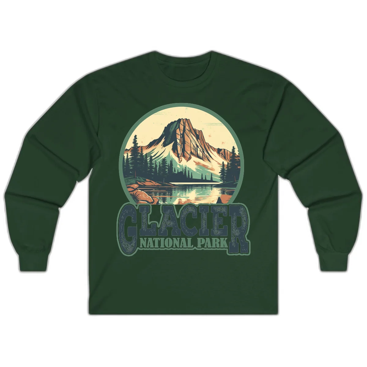 Vintage illustration of Glacier National Park mountain reflecting in alpine lake, surrounded by evergreen forest and rocky shore in circular badge design in Forest Green