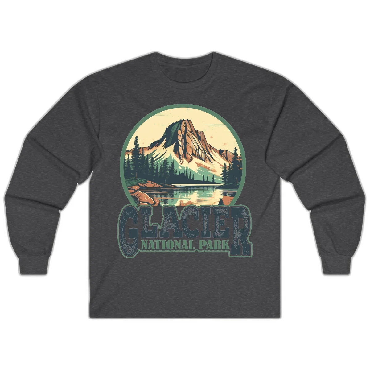 Vintage illustration of Glacier National Park mountain reflecting in alpine lake, surrounded by evergreen forest and rocky shore in circular badge design in Dark Heather