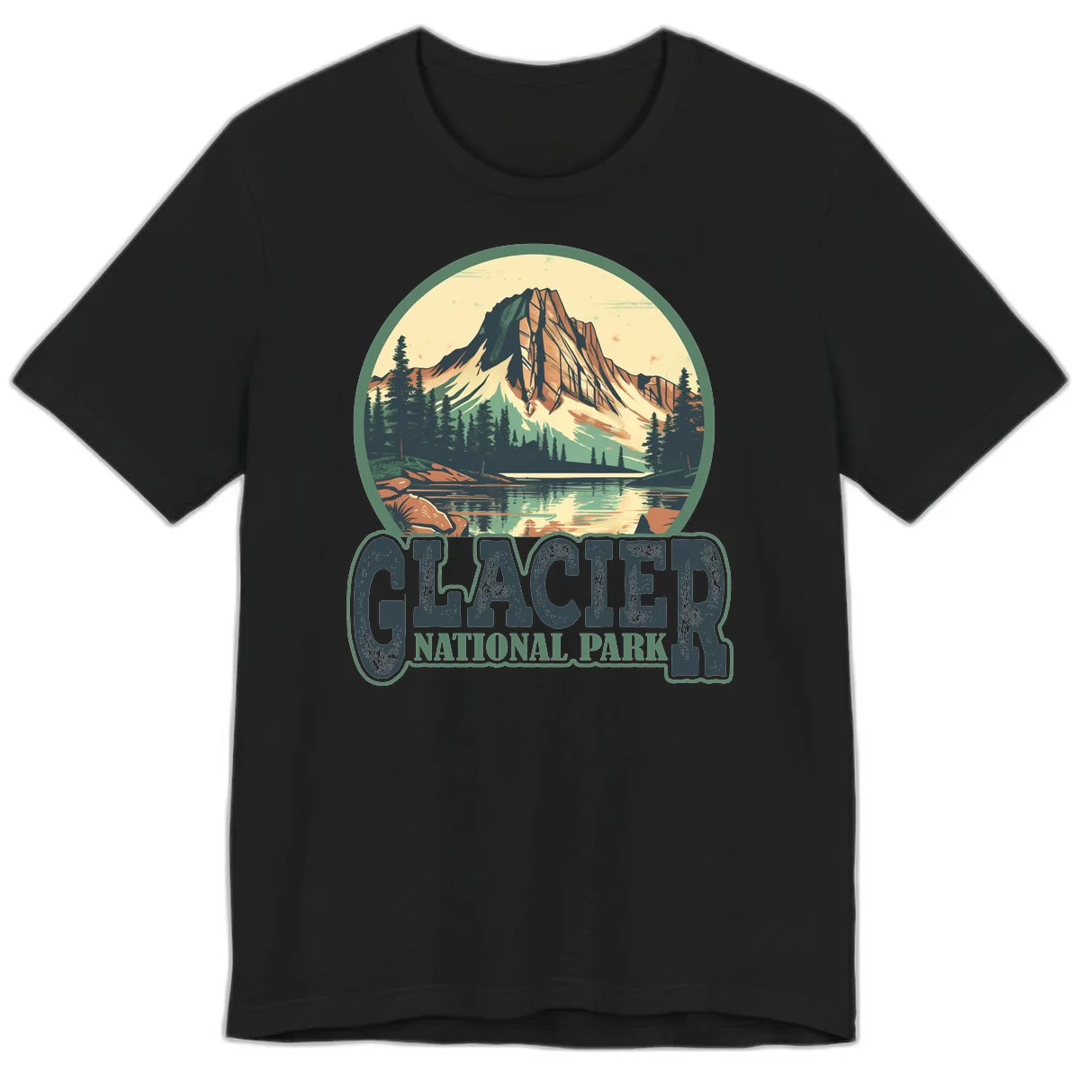 Vintage illustration of Glacier National Park mountain reflecting in alpine lake, surrounded by evergreen forest and rocky shore in circular badge design in Black