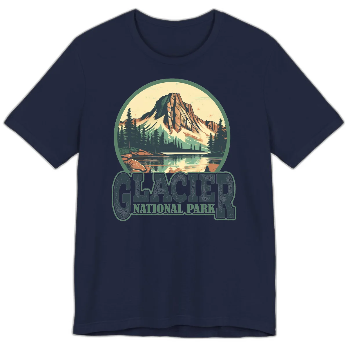 Vintage illustration of Glacier National Park mountain reflecting in alpine lake, surrounded by evergreen forest and rocky shore in circular badge design in Navy