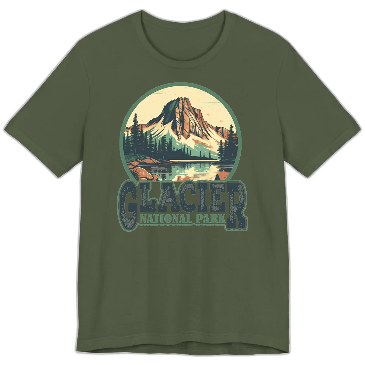 Vintage illustration of Glacier National Park mountain reflecting in alpine lake, surrounded by evergreen forest and rocky shore in circular badge design in Military Green