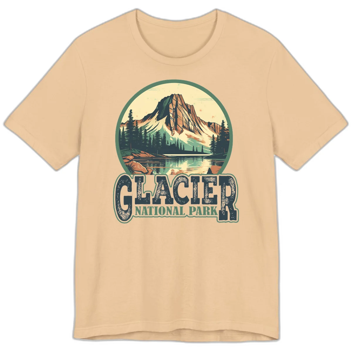 Vintage illustration of Glacier National Park mountain reflecting in alpine lake, surrounded by evergreen forest and rocky shore in circular badge design in Sand Dune