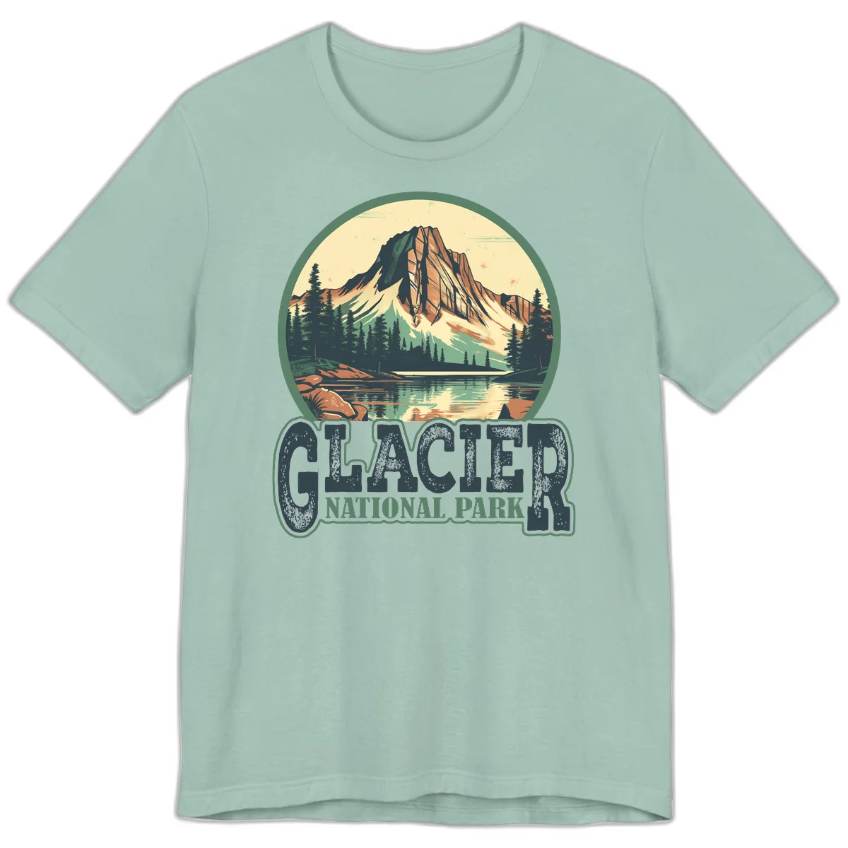 Vintage illustration of Glacier National Park mountain reflecting in alpine lake, surrounded by evergreen forest and rocky shore in circular badge design in Dusty Blue