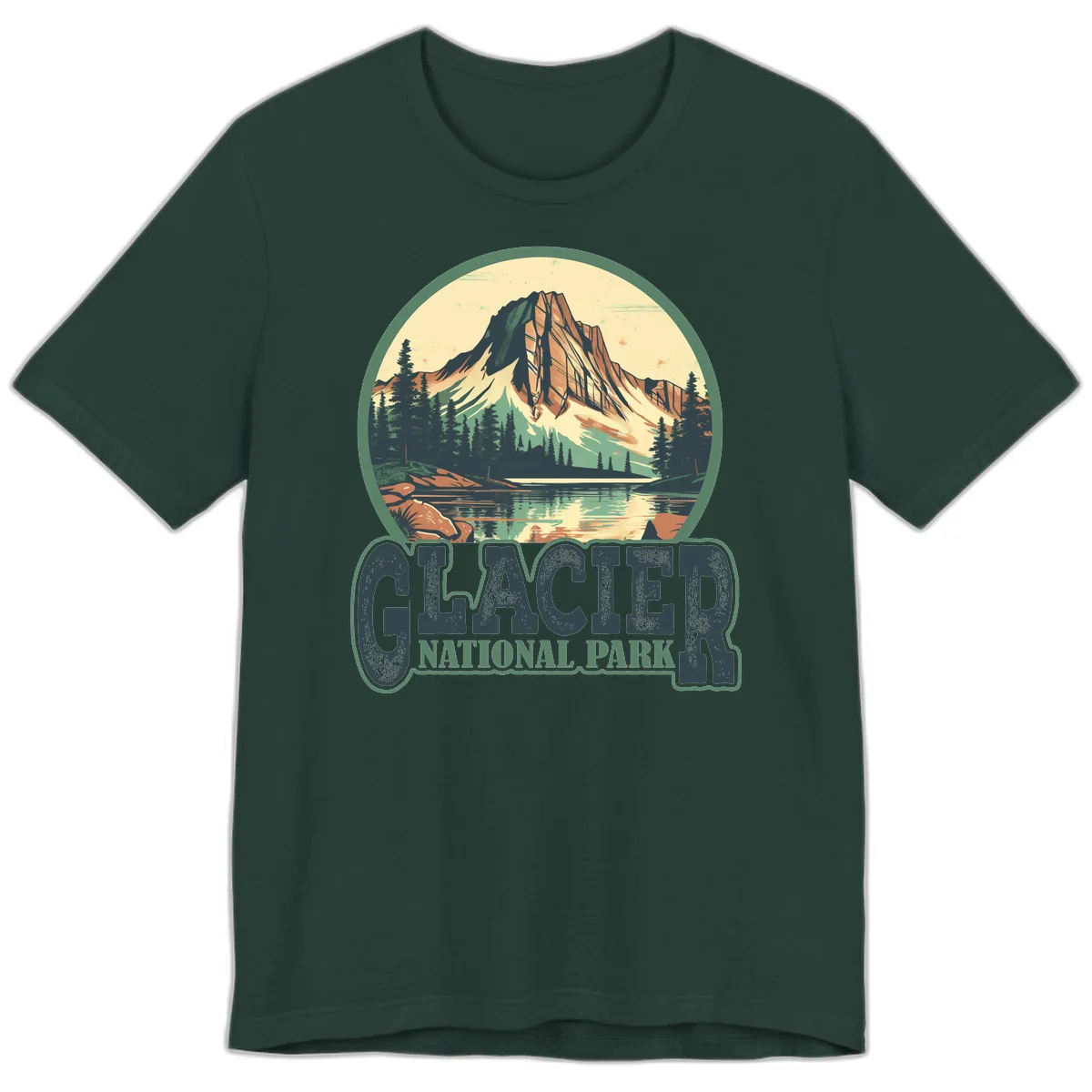 Vintage illustration of Glacier National Park mountain reflecting in alpine lake, surrounded by evergreen forest and rocky shore in circular badge design in Forest