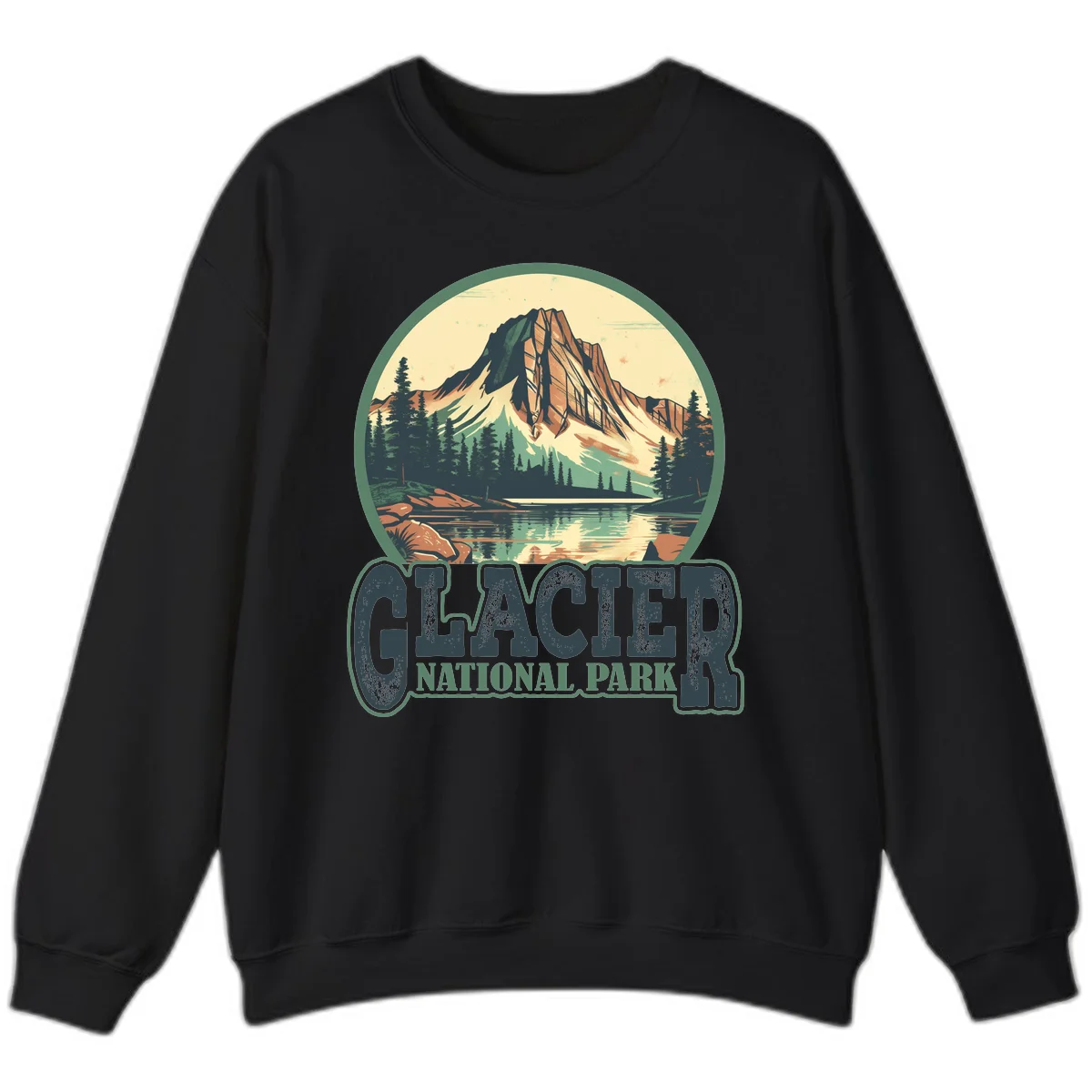 Vintage illustration of Glacier National Park mountain reflecting in alpine lake, surrounded by evergreen forest and rocky shore in circular badge design in Black