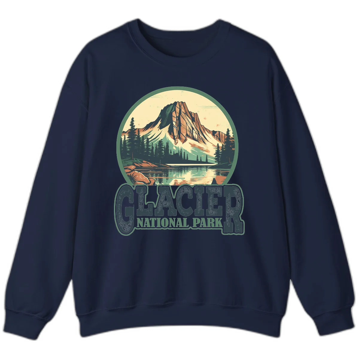 Vintage illustration of Glacier National Park mountain reflecting in alpine lake, surrounded by evergreen forest and rocky shore in circular badge design in Navy