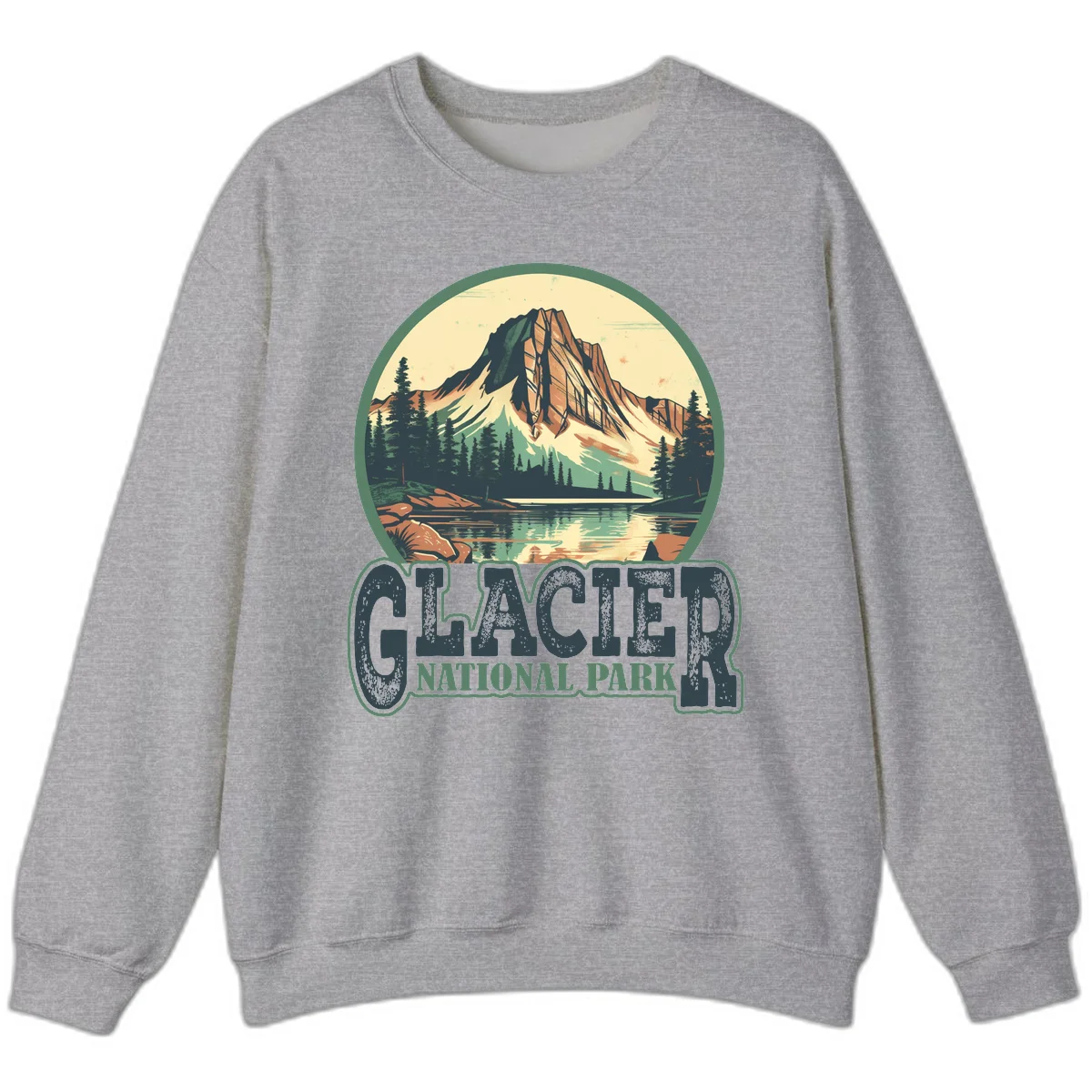 Vintage illustration of Glacier National Park mountain reflecting in alpine lake, surrounded by evergreen forest and rocky shore in circular badge design in Sport Grey