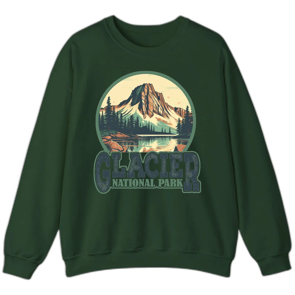 Vintage illustration of Glacier National Park mountain reflecting in alpine lake, surrounded by evergreen forest and rocky shore in circular badge design in Forest Green