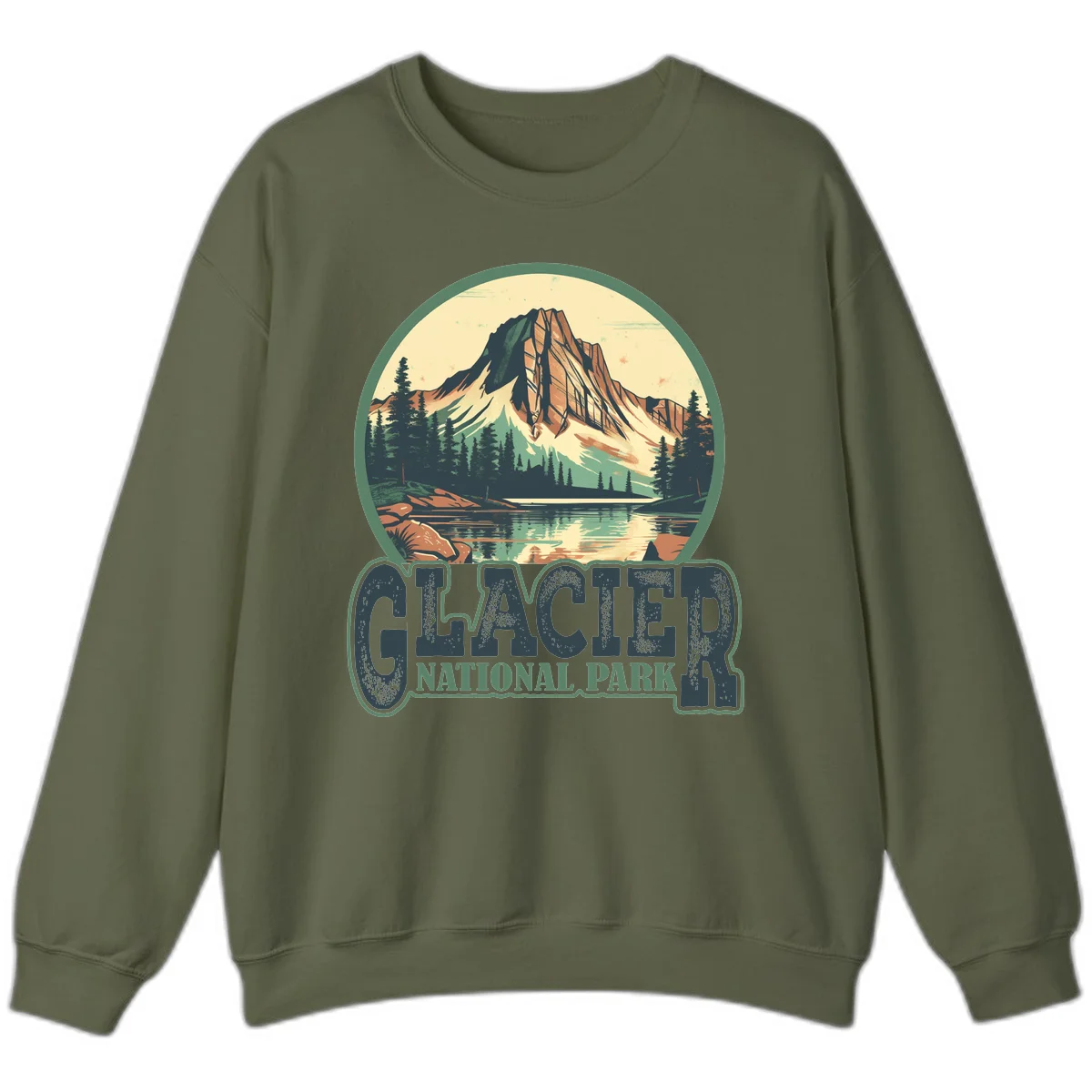 Vintage illustration of Glacier National Park mountain reflecting in alpine lake, surrounded by evergreen forest and rocky shore in circular badge design in Military Green