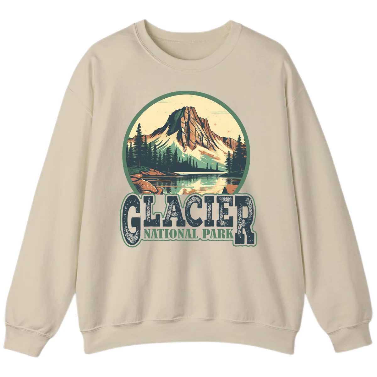 Vintage illustration of Glacier National Park mountain reflecting in alpine lake, surrounded by evergreen forest and rocky shore in circular badge design in Sand