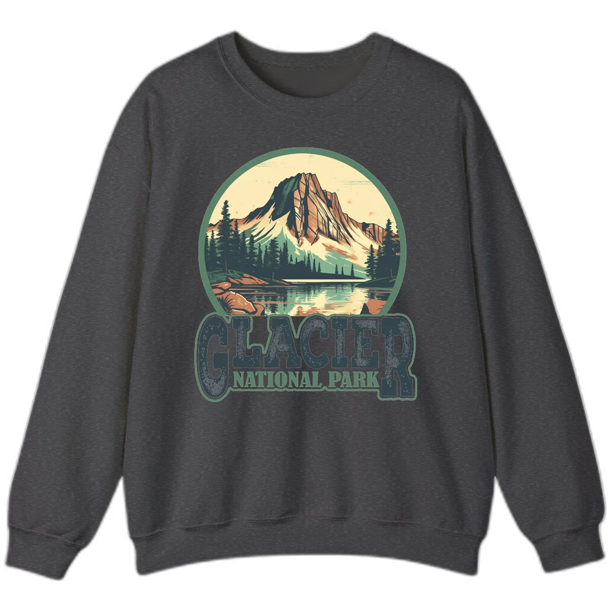 Vintage illustration of Glacier National Park mountain reflecting in alpine lake, surrounded by evergreen forest and rocky shore in circular badge design in Dark Heather