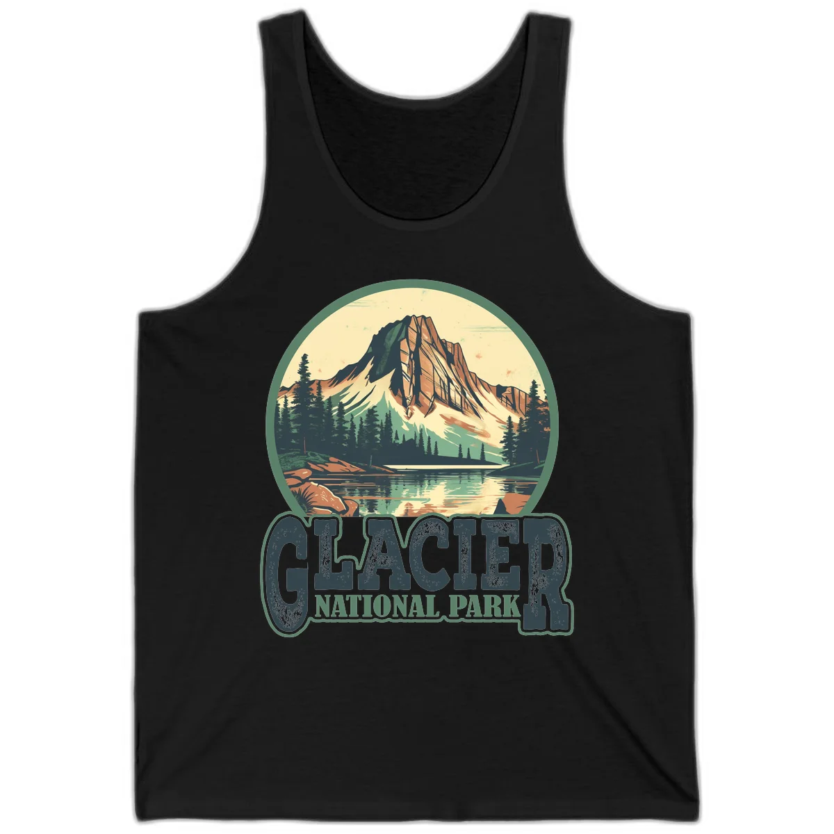 Vintage illustration of Glacier National Park mountain reflecting in alpine lake, surrounded by evergreen forest and rocky shore in circular badge design in Black