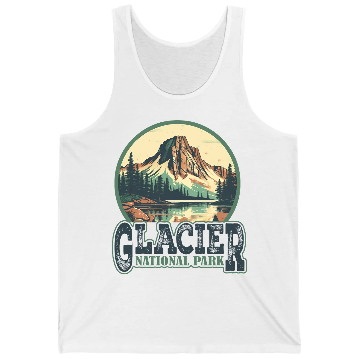Vintage illustration of Glacier National Park mountain reflecting in alpine lake, surrounded by evergreen forest and rocky shore in circular badge design in White