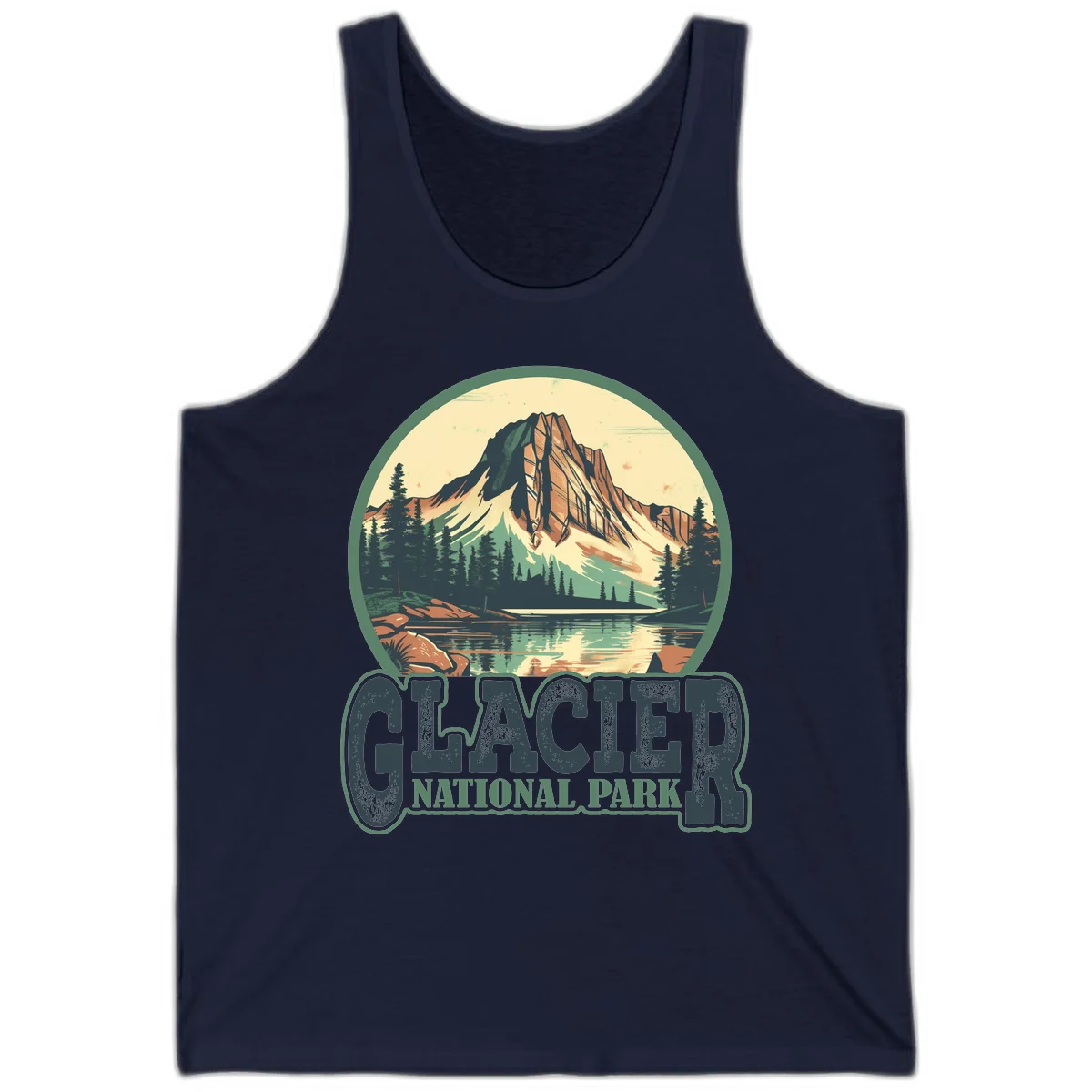 Vintage illustration of Glacier National Park mountain reflecting in alpine lake, surrounded by evergreen forest and rocky shore in circular badge design in Navy