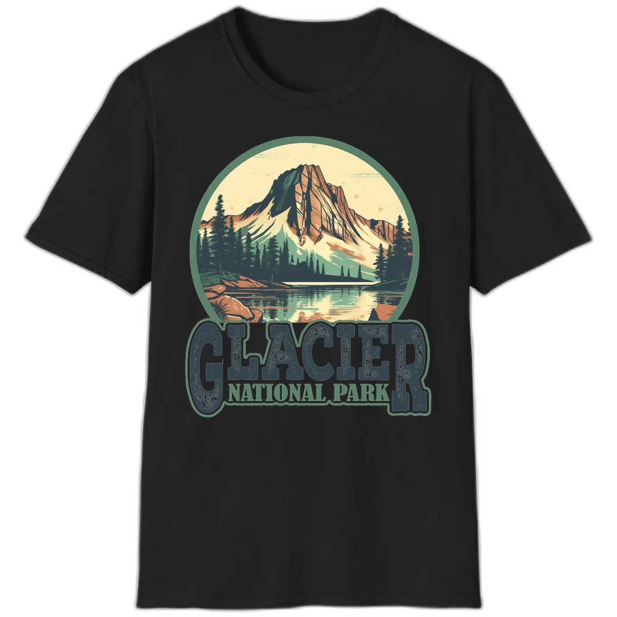 Vintage illustration of Glacier National Park mountain reflecting in alpine lake, surrounded by evergreen forest and rocky shore in circular badge design in Black