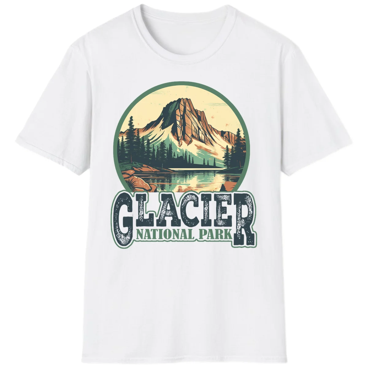 Vintage illustration of Glacier National Park mountain reflecting in alpine lake, surrounded by evergreen forest and rocky shore in circular badge design in White