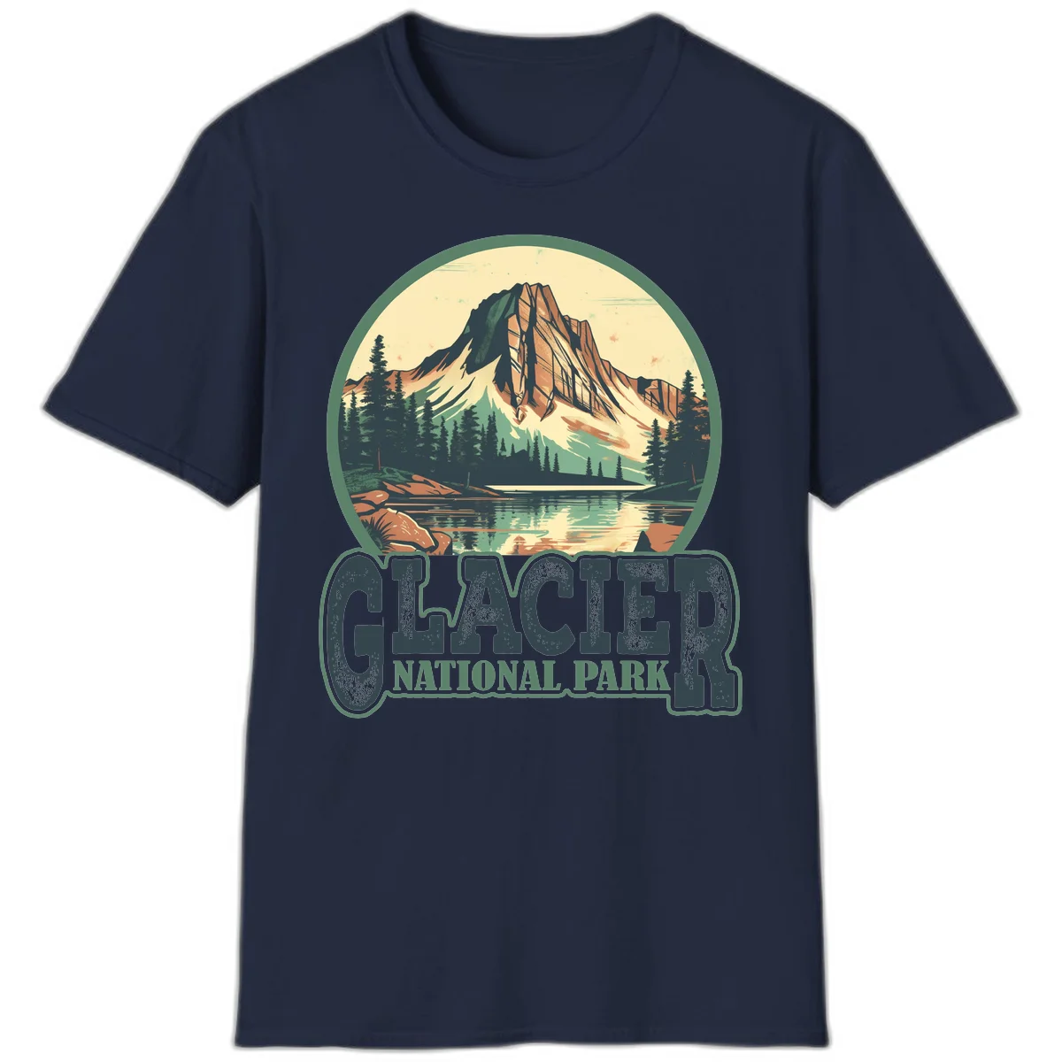 Vintage illustration of Glacier National Park mountain reflecting in alpine lake, surrounded by evergreen forest and rocky shore in circular badge design in Navy