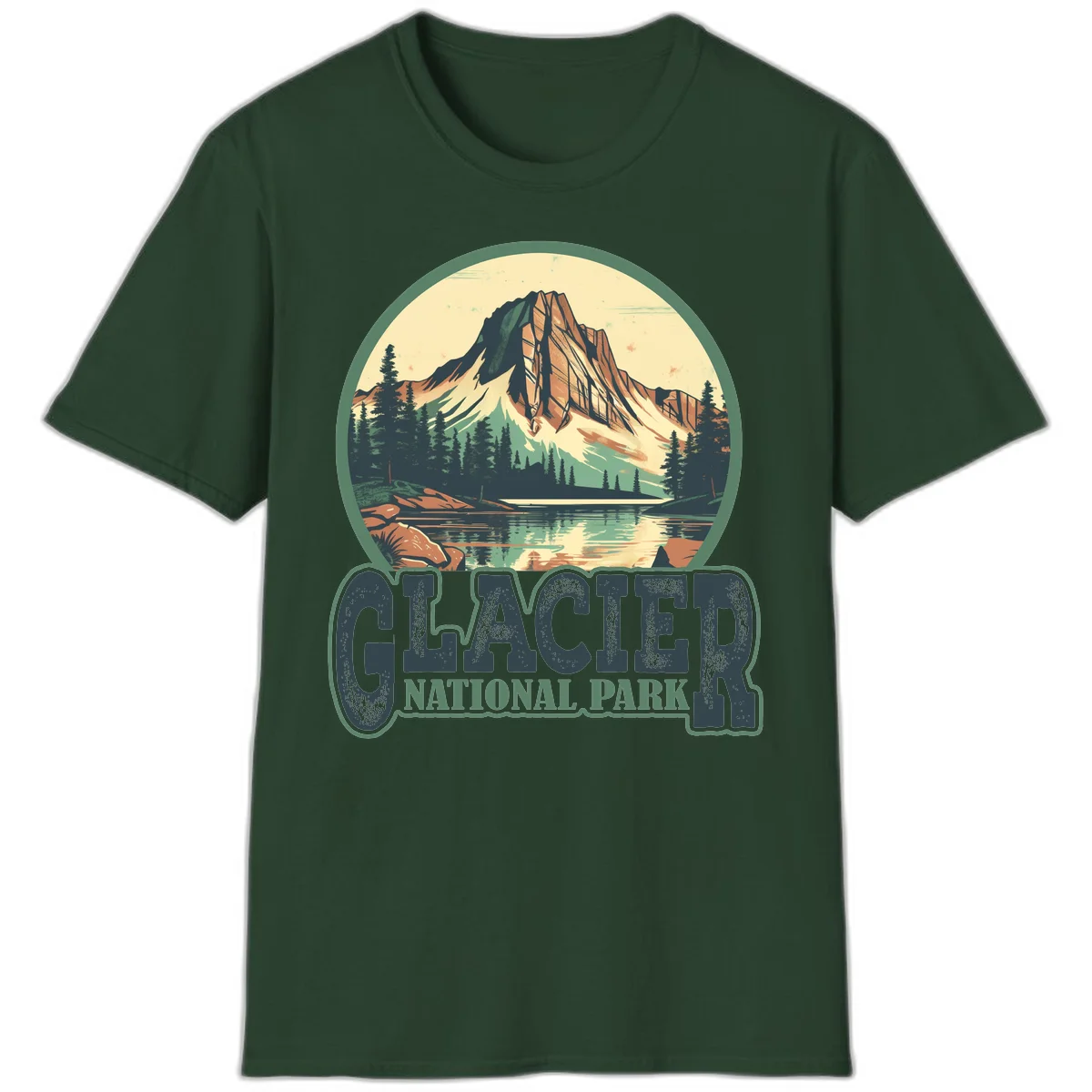 Vintage illustration of Glacier National Park mountain reflecting in alpine lake, surrounded by evergreen forest and rocky shore in circular badge design in Forest Green