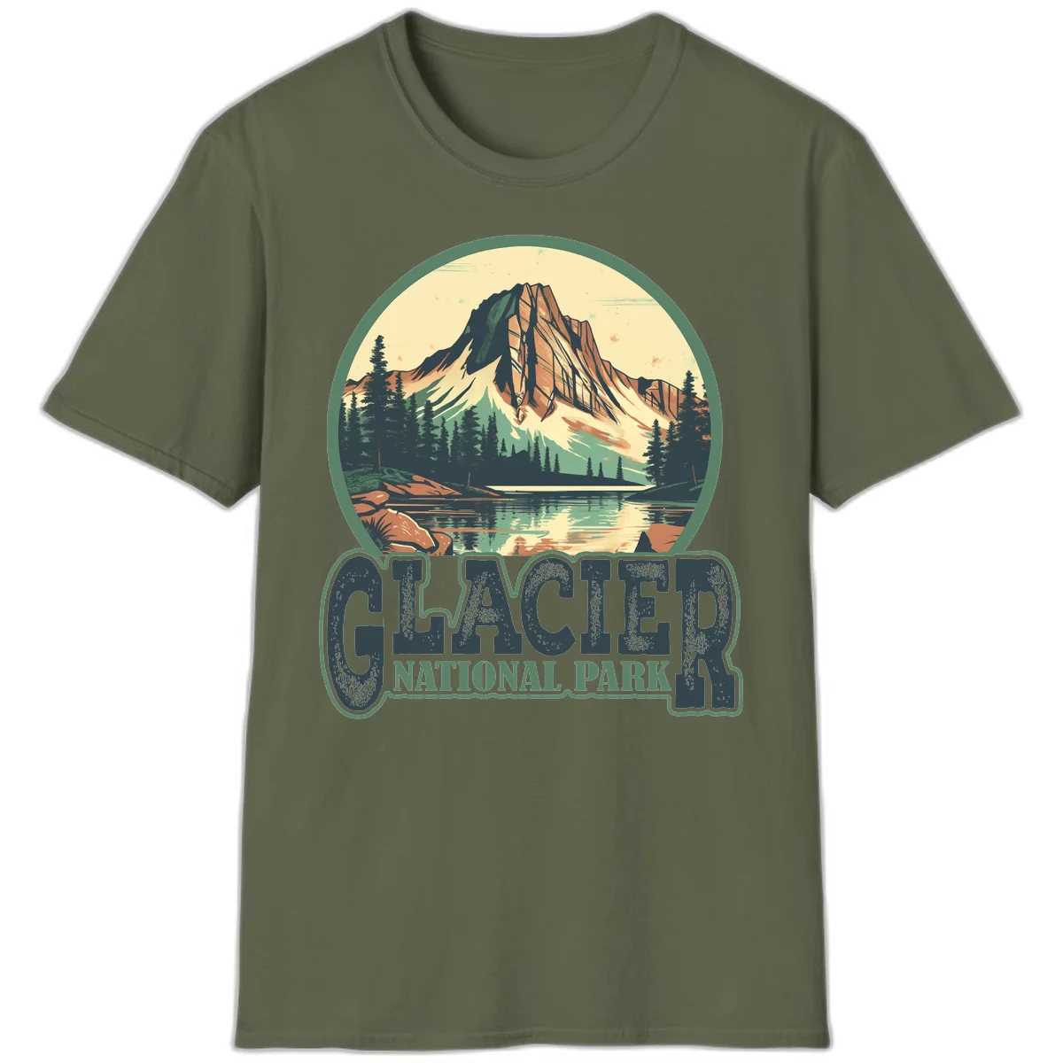 Vintage illustration of Glacier National Park mountain reflecting in alpine lake, surrounded by evergreen forest and rocky shore in circular badge design in Military Green