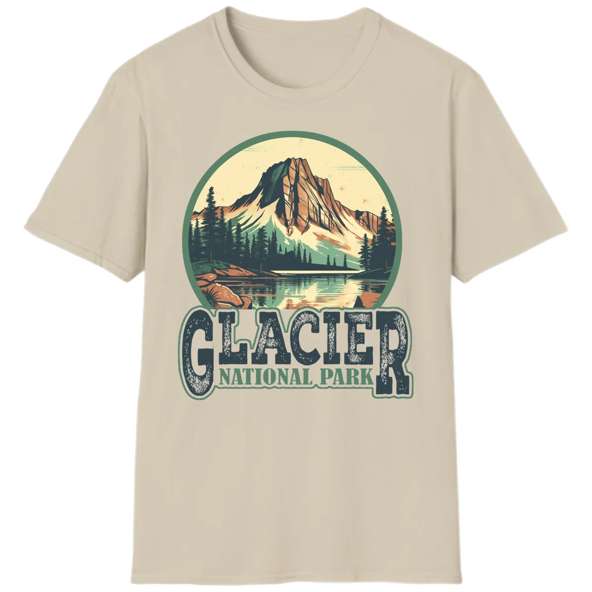 Vintage illustration of Glacier National Park mountain reflecting in alpine lake, surrounded by evergreen forest and rocky shore in circular badge design in Sand
