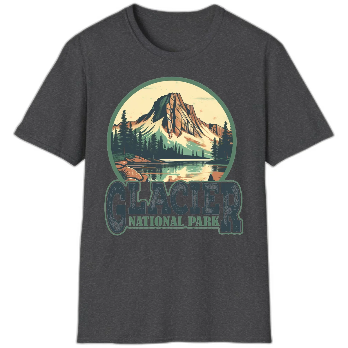 Vintage illustration of Glacier National Park mountain reflecting in alpine lake, surrounded by evergreen forest and rocky shore in circular badge design in Dark Heather