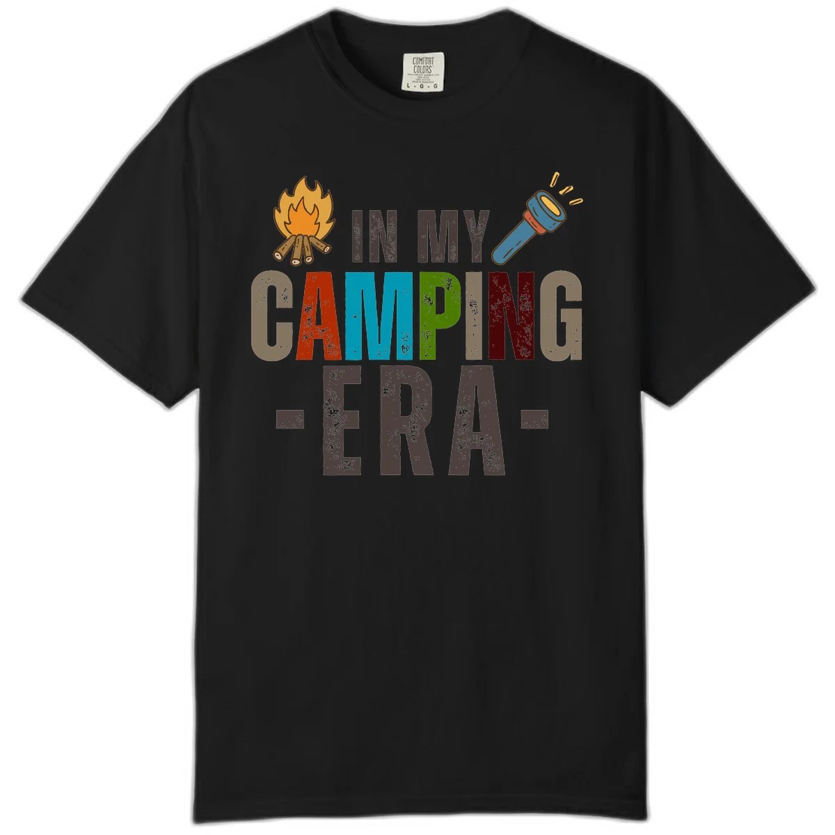 Campfire and flashlight icons flank colorful distressed text reading 'In My Camping Era' on gray background in Black
