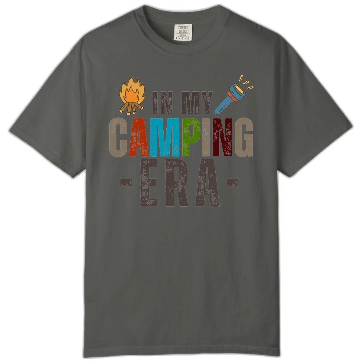 Campfire and flashlight icons flank colorful distressed text reading 'In My Camping Era' on gray background in Pepper