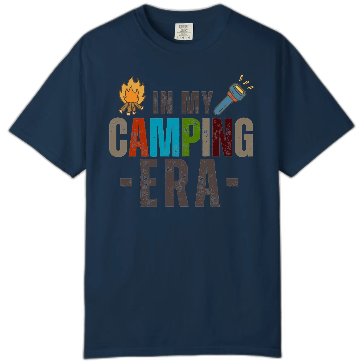 Campfire and flashlight icons flank colorful distressed text reading 'In My Camping Era' on gray background in True Navy