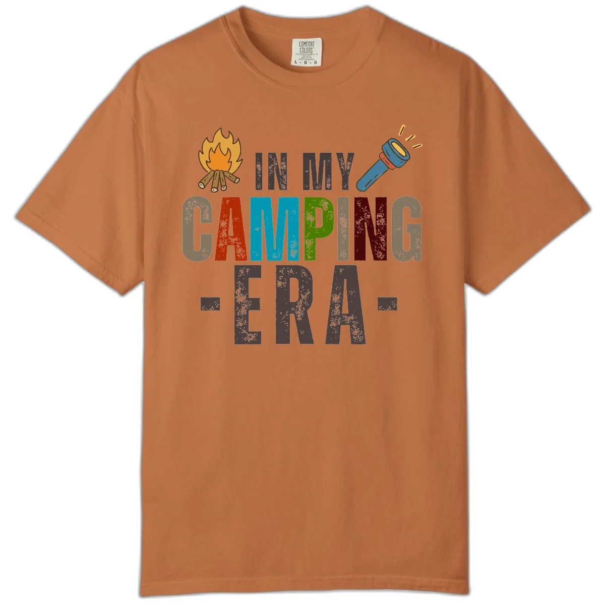 Campfire and flashlight icons flank colorful distressed text reading 'In My Camping Era' on gray background in Yam